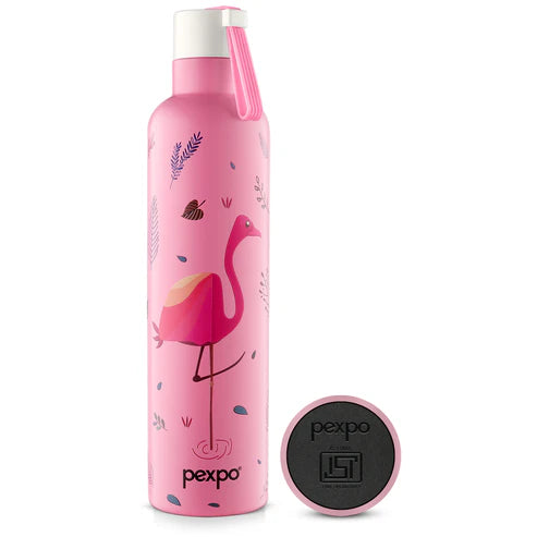 Pexpo Oslo Thermo Steel Bottle | Tri-Ply Vacuum Insulated Hot & Cold Flask | For Daily Use - Pink Flamingo Print 750 ML