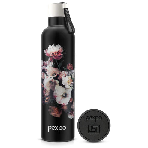 Pexpo Oslo Thermo Steel Bottle | Tri-Ply Vacuum Insulated Hot & Cold Flask | For Daily Use - Black Flower Print - 750 ML