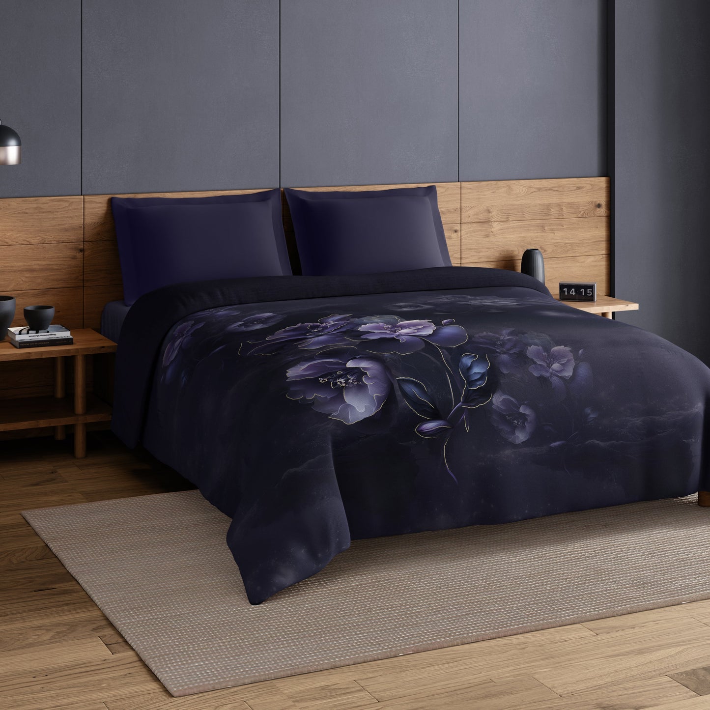 Spaces Elegance Noir 100% Cotton Double Quilt, 210TC, Floral, Dark Violet