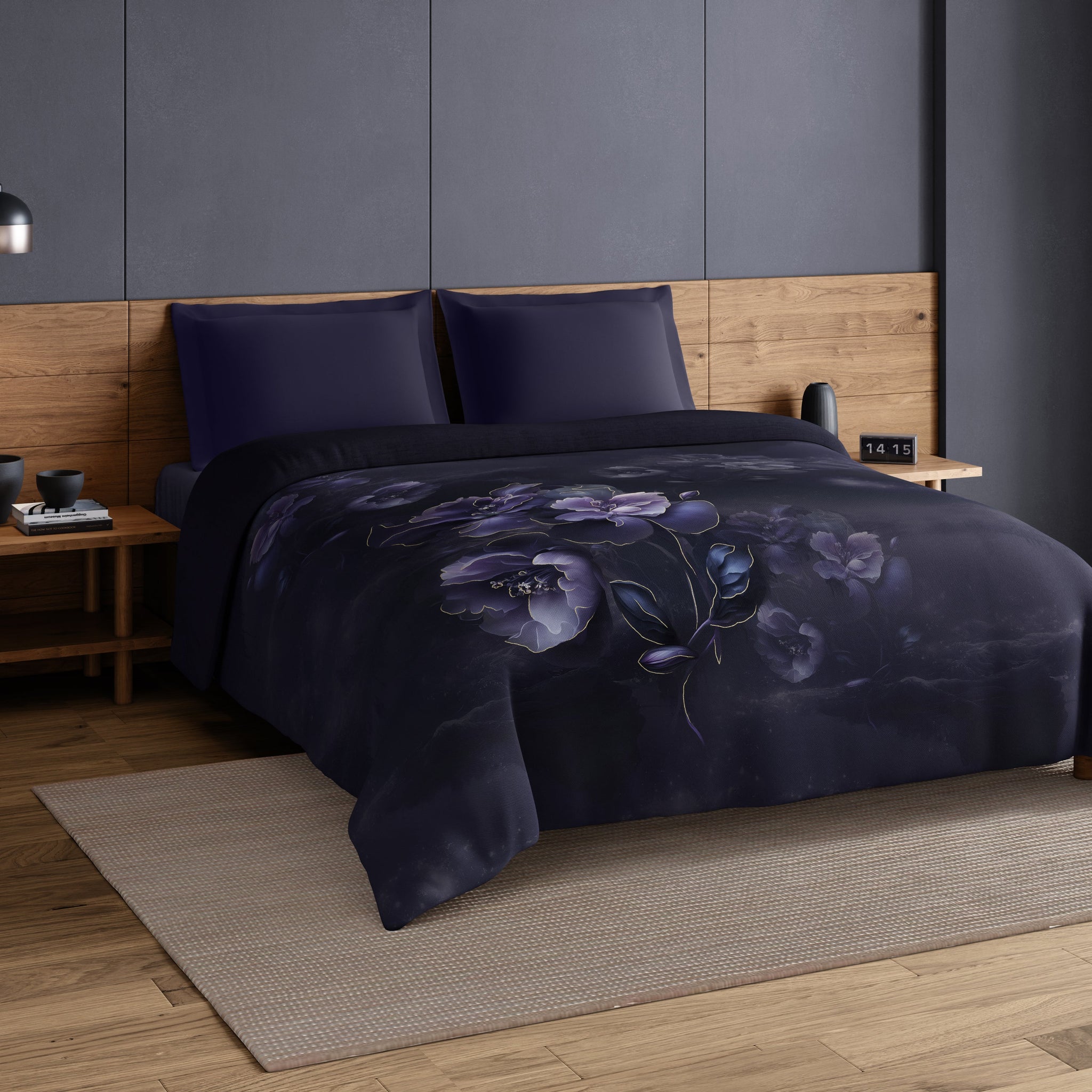 Spaces Elegance Noir 100% Cotton Double Quilt, 210TC, Floral, Dark Violet
