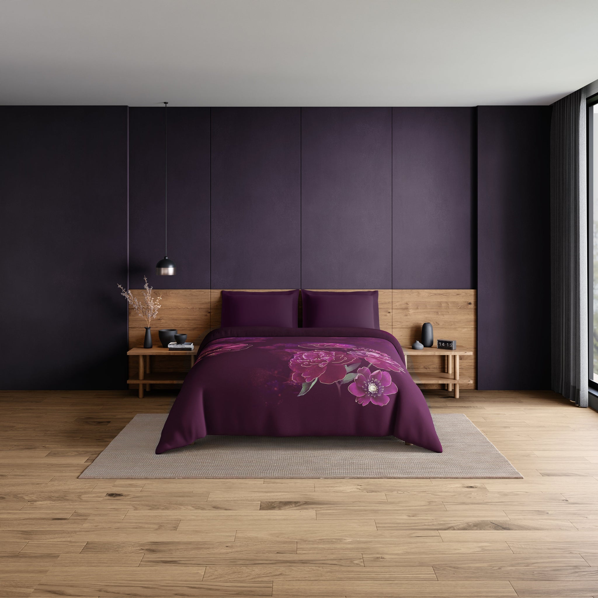 Spaces Elegance Noir 100% Cotton Double Quilt, 210TC, Floral, Dark Violet