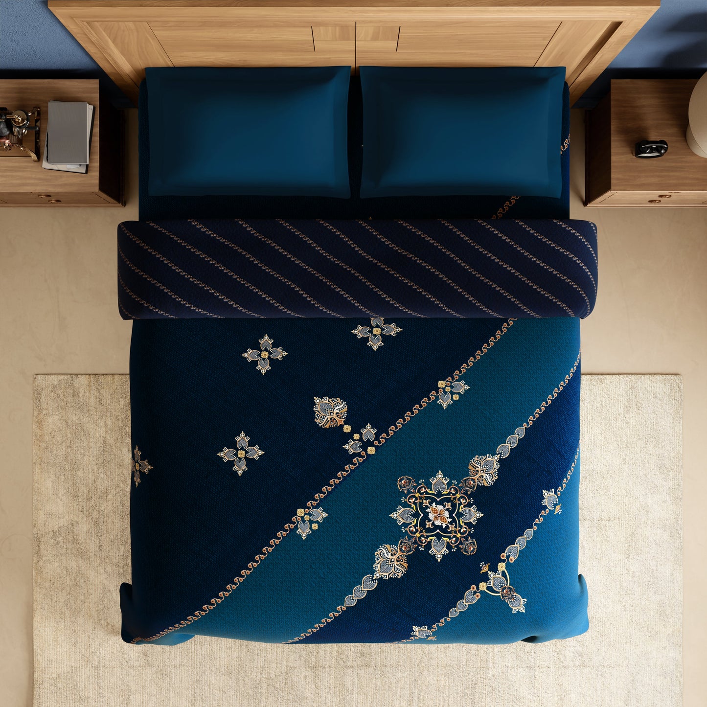 Spaces Rangana Digital 100% Cotton Double Quilt, 300 TC, Ornate, Dark Teal