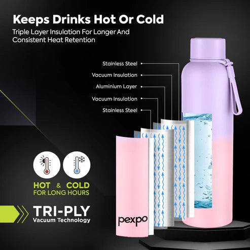 Pexpo Bravo Thermo Steel Bottle | Tri-Ply Vacuum Insulated Hot & Cold Flask - Ombre Design 1000 ml