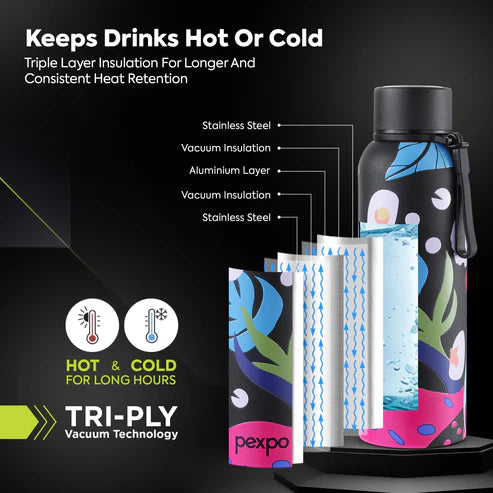 Pexpo Bravo Thermo Steel Bottle | Tri-Ply Vacuum Insulated Hot & Cold Flask - Plant-themed Art 700 ML