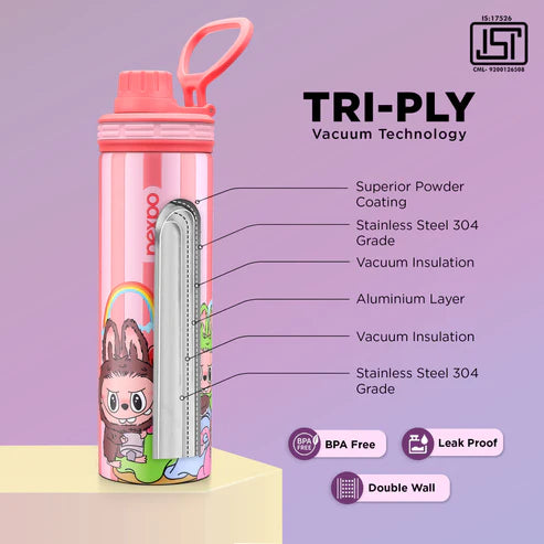 Pexpo Texas Thermo Steel Bottle | Tri-Ply Vacuum Insulated Hot & Cold Flask | For School - Pink Doll Print - 500 ml