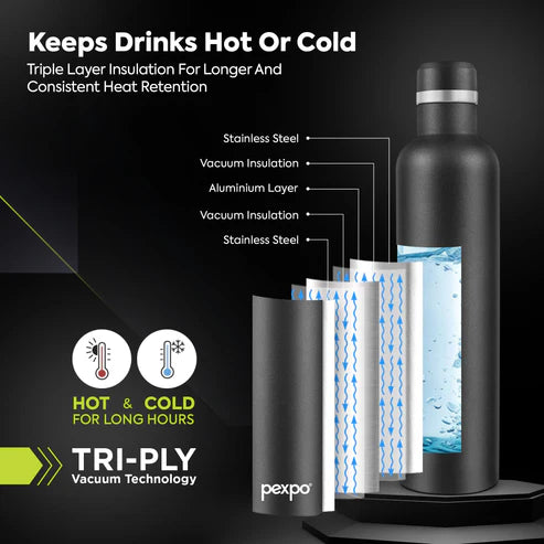 Pexpo Orio Thermo Steel Bottle | Tri-Ply Vacuum Insulated Hot & Cold Flask