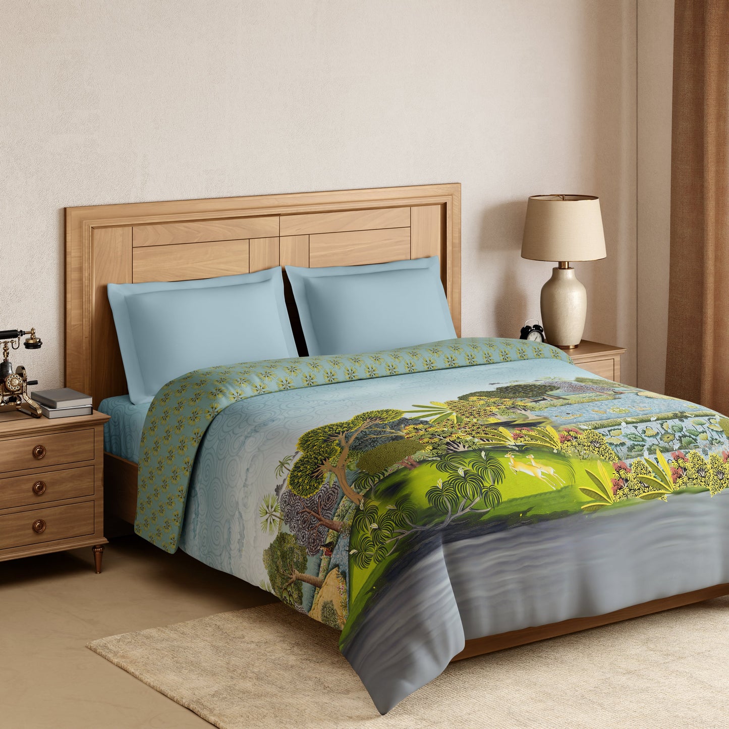 Spaces Rangana Digital 100% Cotton Double Quilt, 300 TC, Ornate, Light Aqua