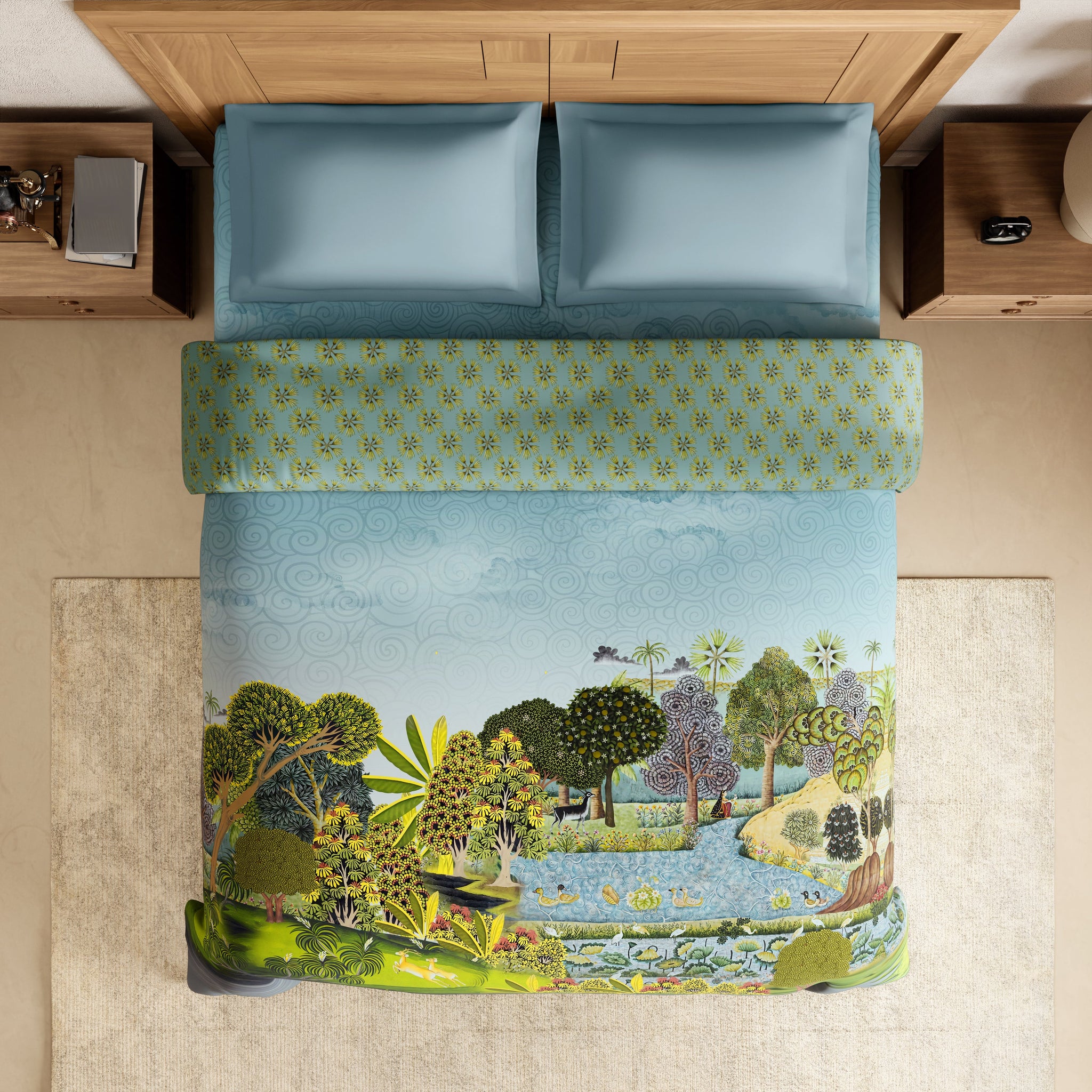 Spaces Rangana Digital 100% Cotton Double Quilt, 300 TC, Ornate, Light Aqua