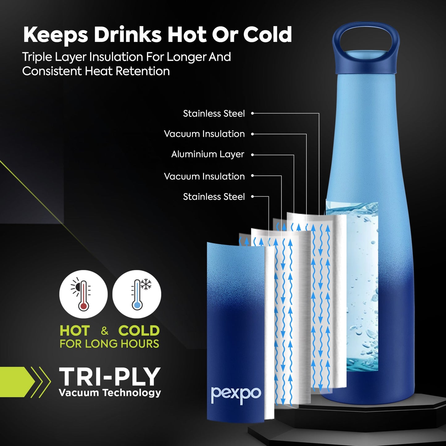 Pexpo Morocco Thermo Steel Bottle | Tri-Ply Vacuum Insulated Hot & Cold Flask | For Travel - 600 ML