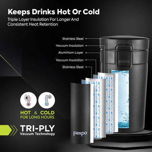 Pexpo Cocoa Thermo Steel Tumbler | Tri-Ply Vacuum Insulated Hot & Cold Flask | For Beverages 260 ML