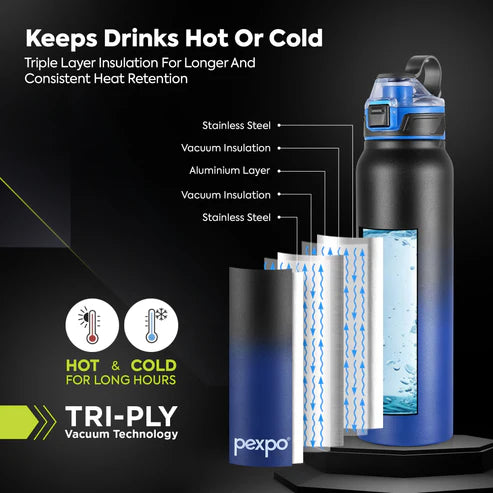 Pexpo Amaze Thermo Steel Bottle  | Tri-Ply Vacuum Insulated Hot & Cold Flask | For Travel