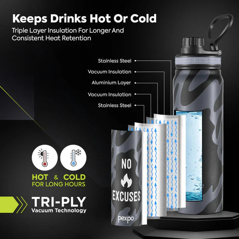 Pexpo Austin Art Thermo Steel Bottle | Tri-Ply Vacuum Insulated Hot & Cold Flask | For Office 740 ML