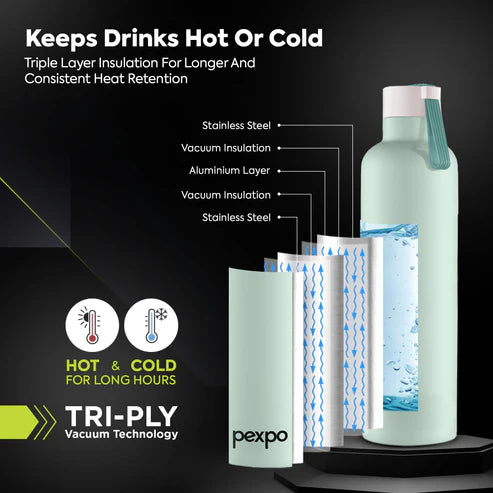 Pexpo Oslo Thermo Steel Bottle | Tri-Ply Vacuum Insulated Hot & Cold Flask | For Daily Use - Pastel Edition