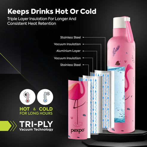 Pexpo Oslo Thermo Steel Bottle | Tri-Ply Vacuum Insulated Hot & Cold Flask | For Daily Use - Pink Flamingo Print 750 ML