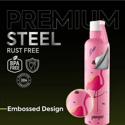 Pexpo Oslo Thermo Steel Bottle | Tri-Ply Vacuum Insulated Hot & Cold Flask | For Daily Use - Pink Flamingo Print 750 ML