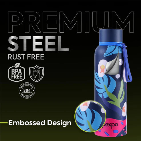 Pexpo Bravo Thermo Steel Bottle | Tri-Ply Vacuum Insulated Hot & Cold Flask - Plant-themed Art 700 ML