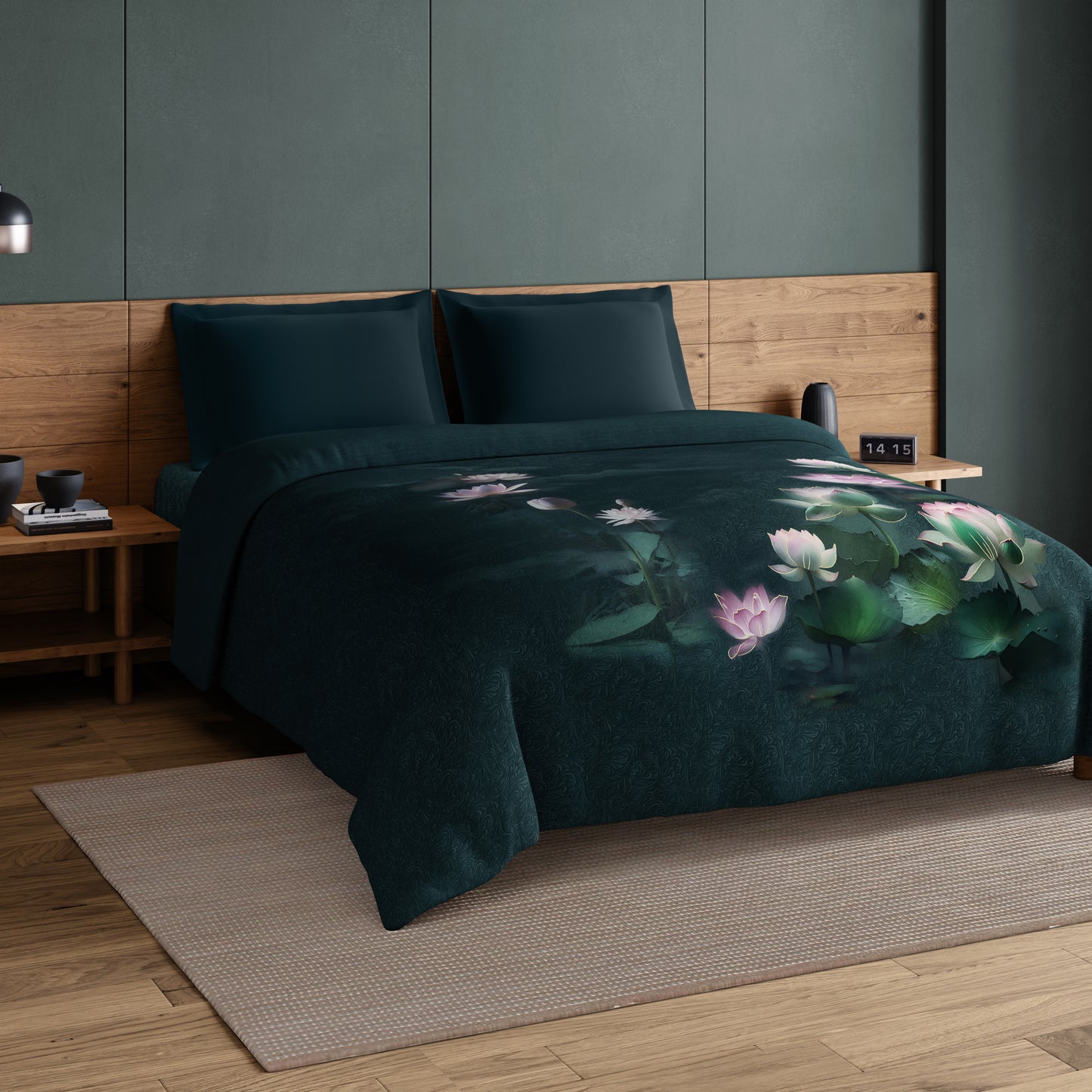 Spaces Elegance Noir 100% Cotton Double Quilt, 210TC, Floral, Dark Teal
