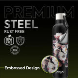 Pexpo Oslo Thermo Steel Bottle | Tri-Ply Vacuum Insulated Hot & Cold Flask | For Daily Use - Black Flower Print - 750 ML