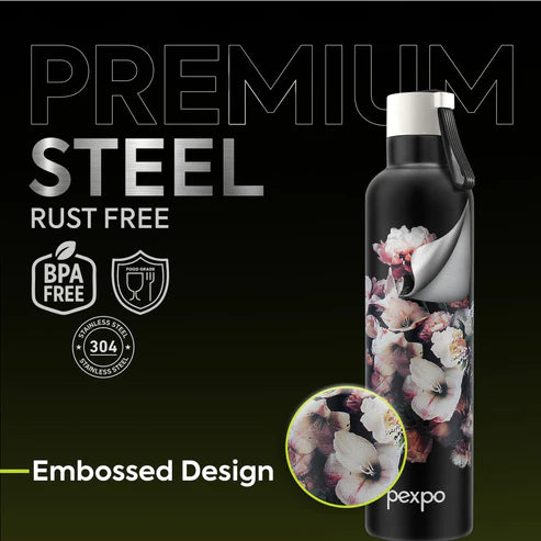 Pexpo Oslo Thermo Steel Bottle | Tri-Ply Vacuum Insulated Hot & Cold Flask | For Daily Use - Black Flower Print - 750 ML