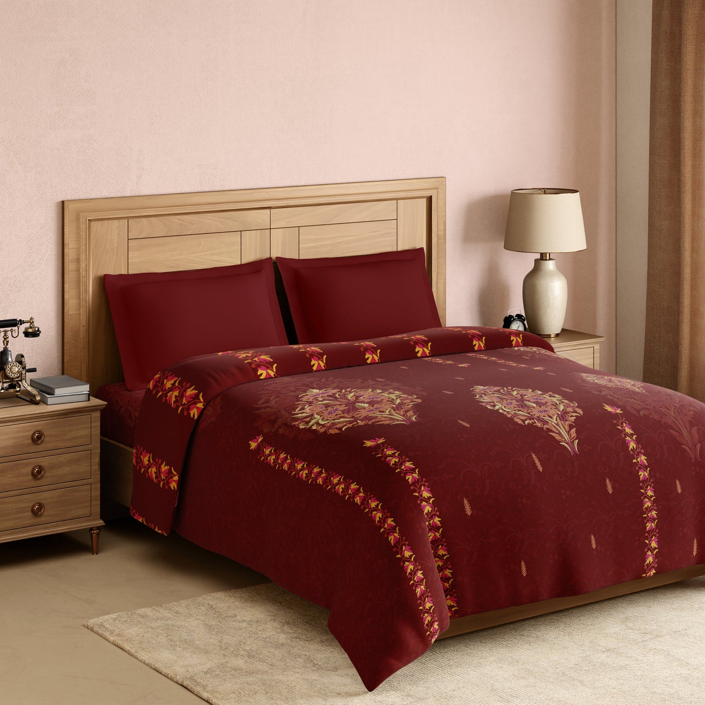 Spaces Rangana Digital 100% Cotton Double Quilt, 300 TC, Ornate, Dark Red