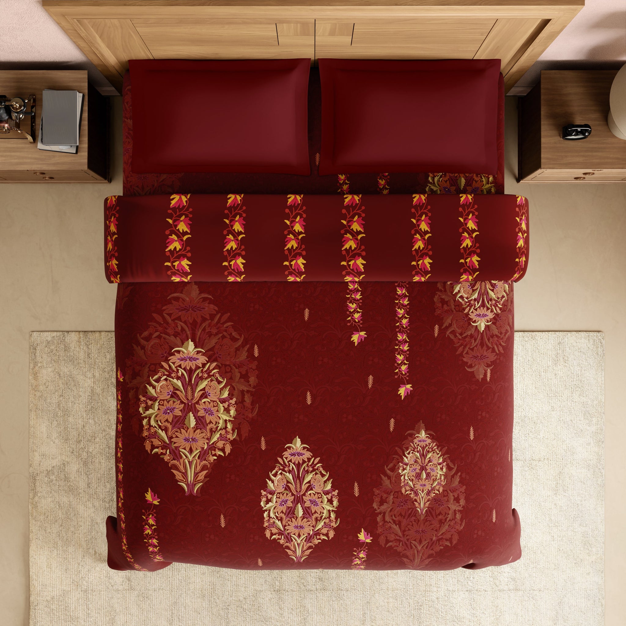 Spaces Rangana Digital 100% Cotton Double Quilt, 300 TC, Ornate, Dark Red