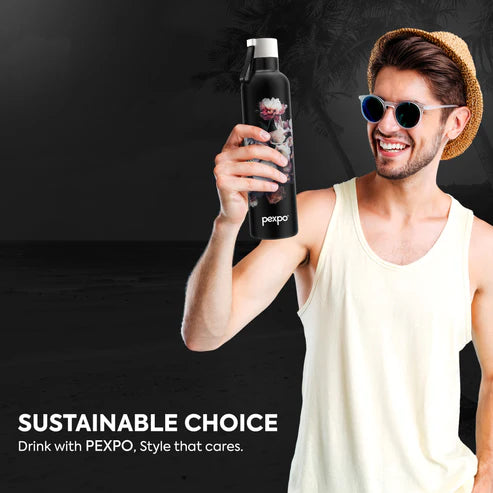 Pexpo Oslo Thermo Steel Bottle | Tri-Ply Vacuum Insulated Hot & Cold Flask | For Daily Use - Black Flower Print - 750 ML