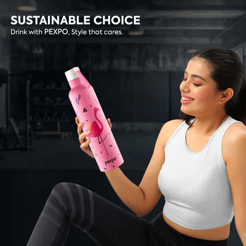 Pexpo Oslo Thermo Steel Bottle | Tri-Ply Vacuum Insulated Hot & Cold Flask | For Daily Use - Pink Flamingo Print 750 ML