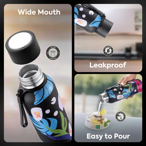 Pexpo Bravo Thermo Steel Bottle | Tri-Ply Vacuum Insulated Hot & Cold Flask - Plant-themed Art 700 ML
