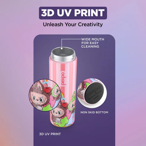 Pexpo Texas Thermo Steel Bottle | Tri-Ply Vacuum Insulated Hot & Cold Flask | For School - Pink Doll Print - 500 ml