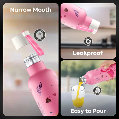 Pexpo Oslo Thermo Steel Bottle | Tri-Ply Vacuum Insulated Hot & Cold Flask | For Daily Use - Pink Flamingo Print 750 ML