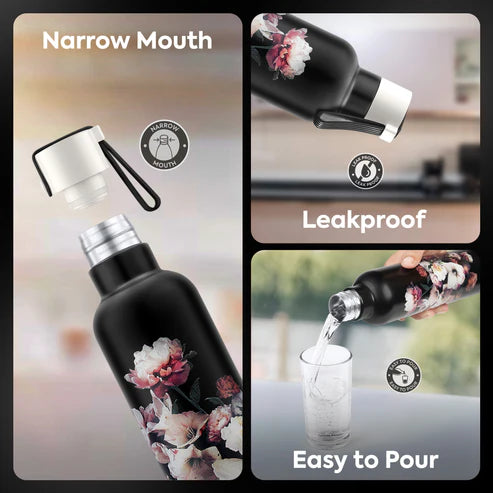 Pexpo Oslo Thermo Steel Bottle | Tri-Ply Vacuum Insulated Hot & Cold Flask | For Daily Use - Black Flower Print - 750 ML