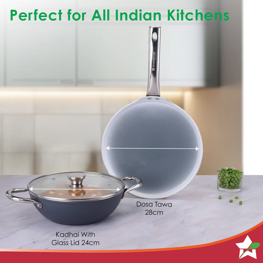 Wonderchef Eco-Glide Ceramic Cookware Set, Kadhai & Glass Lid