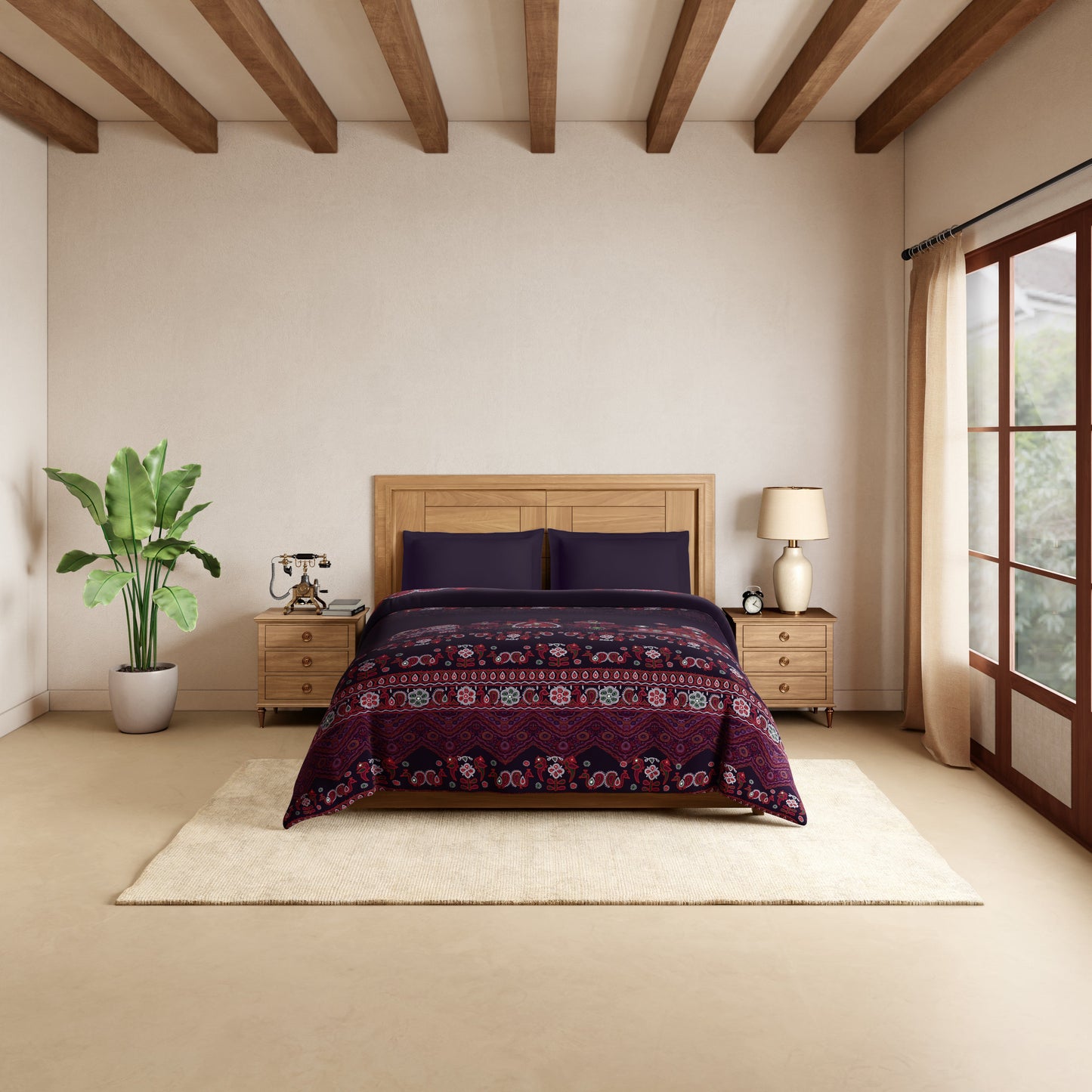Spaces Rangana Digital 100% Cotton Double Quilt, 300 TC, Ornate, Dark Violet
