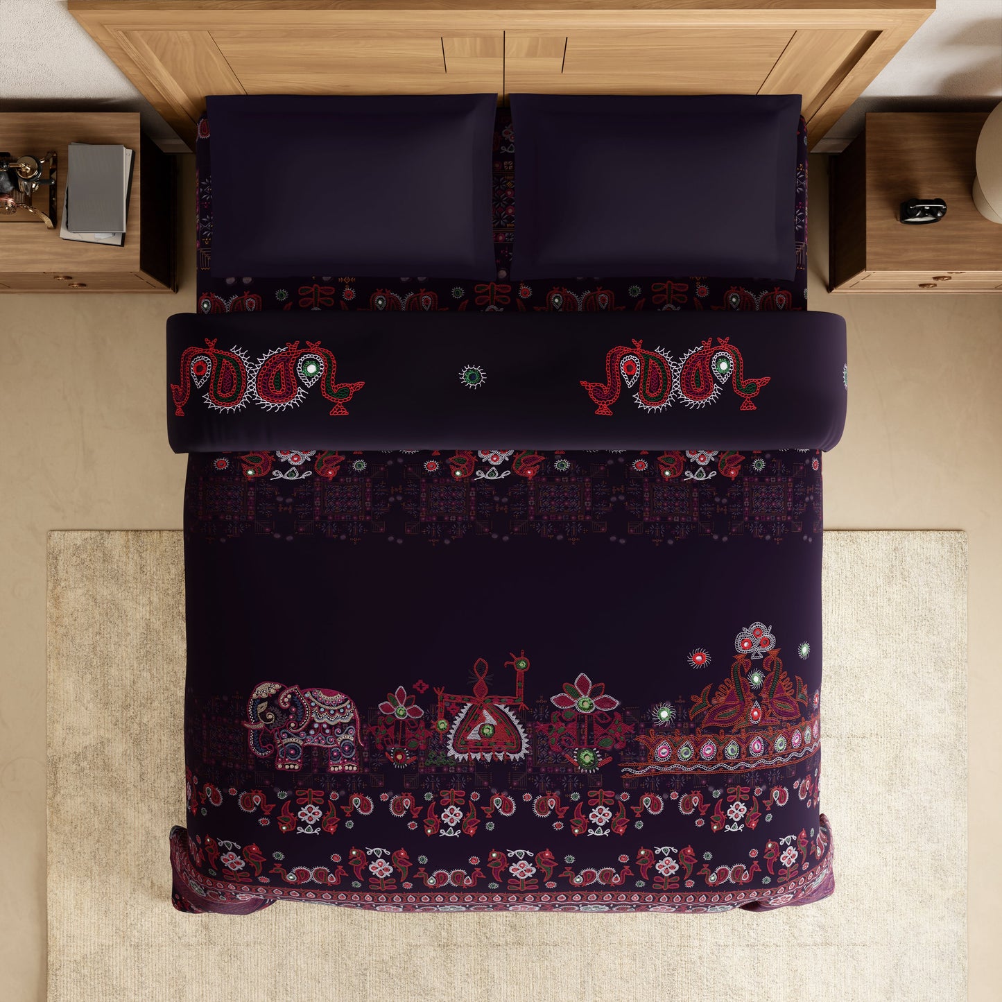 Spaces Rangana Digital 100% Cotton Double Quilt, 300 TC, Ornate, Dark Violet