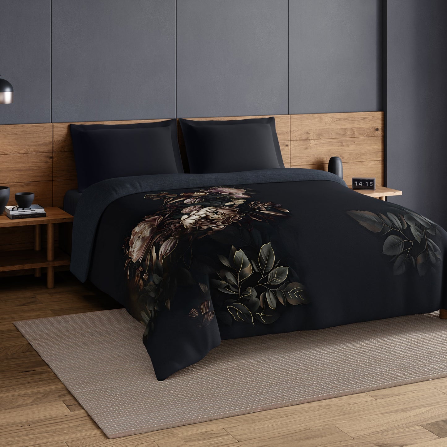 Spaces Elegance Noir 100% Cotton Double Quilt, 210TC, Floral, Dark Blue