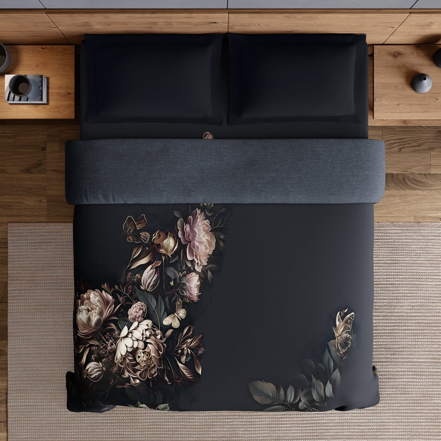 Spaces Elegance Noir 100% Cotton Double Quilt, 210TC, Floral, Dark Blue