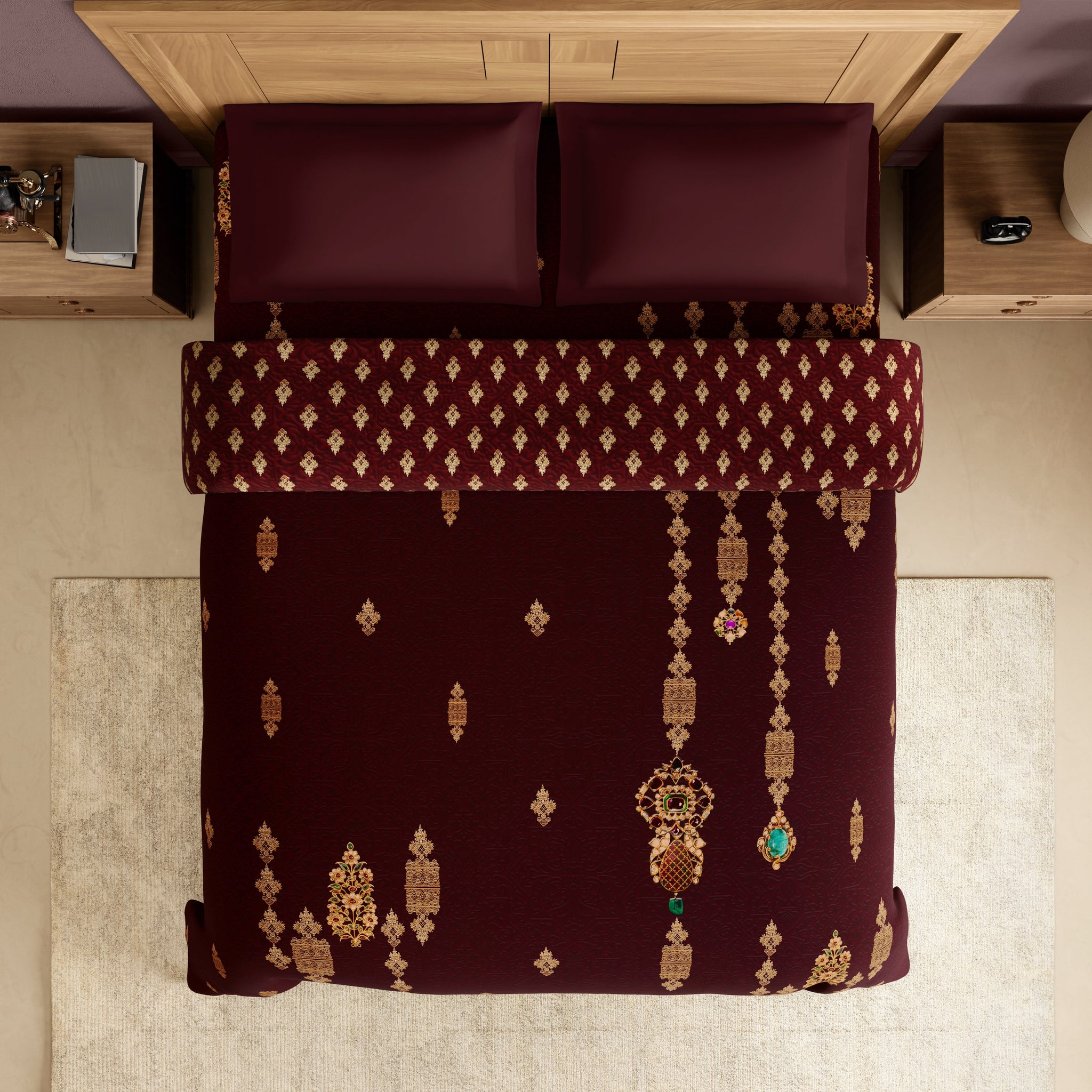 Spaces Rangana Digital 100% Cotton Double Quilt, 300 TC, Ornate, Dark Red
