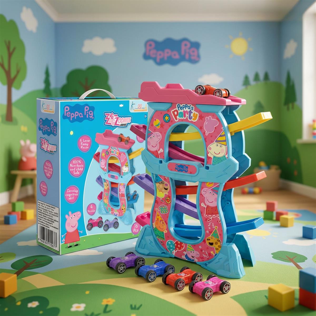 Kriiddaank Peppa Zig Zag Zoomer Ramp Racer Car Track for Toddlers Blue