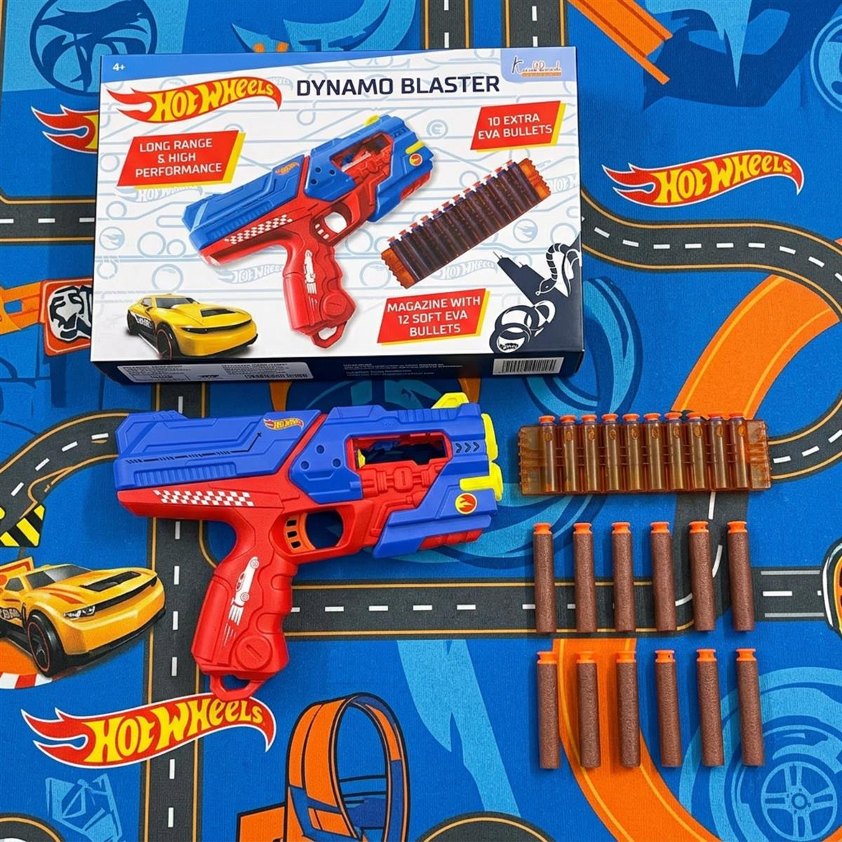 kriiddaank Hot Wheels Dynamo Blaster Toy Gun with 22 Soft Foam Bullets & 12-Dart Cartridge, Long Range Action