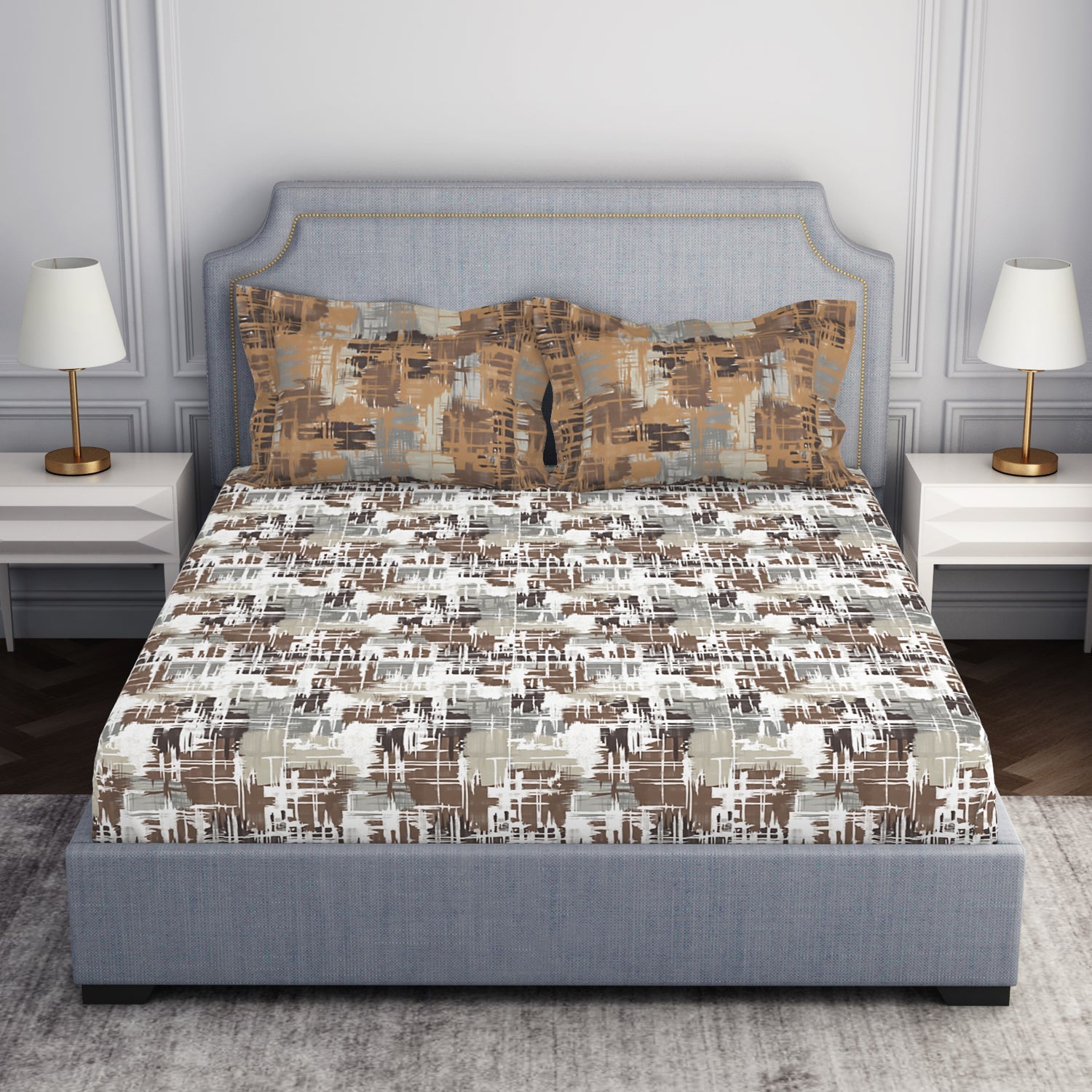 Spaces Geometric Dark Brown 100% Cotton Double Bedsheet by Atrium