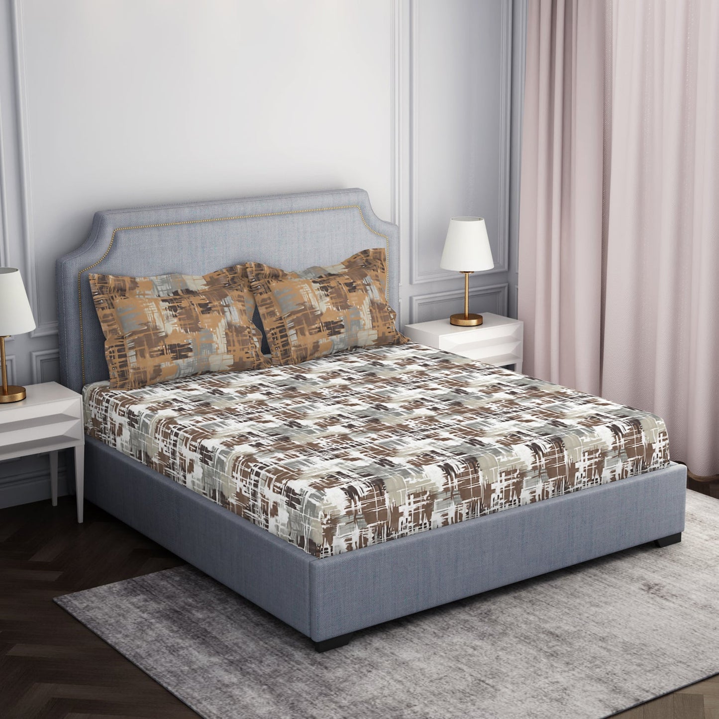 Spaces Geometric Dark Brown 100% Cotton Double Bedsheet by Atrium