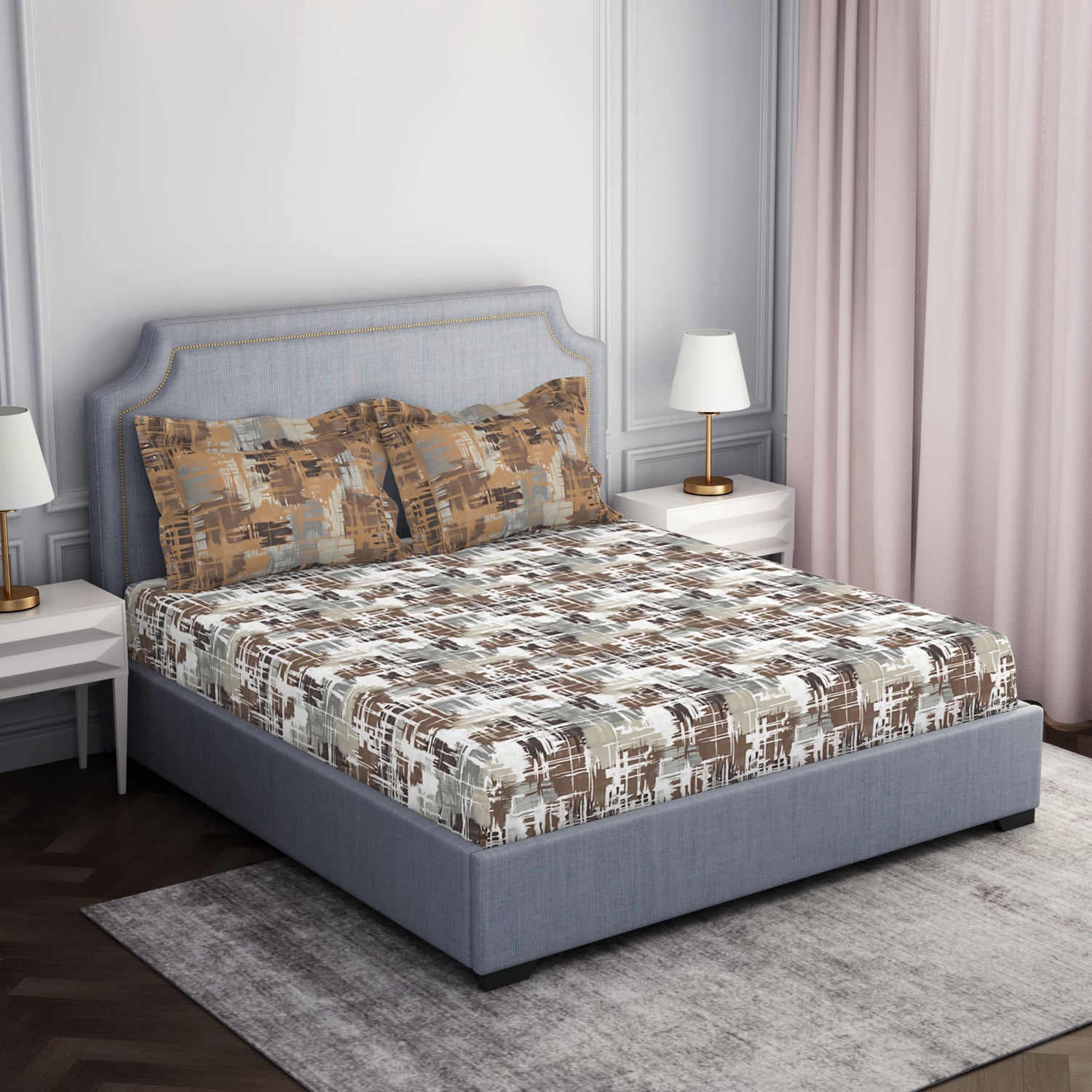 Spaces Geometric Dark Brown 100% Cotton Double Bedsheet by Atrium