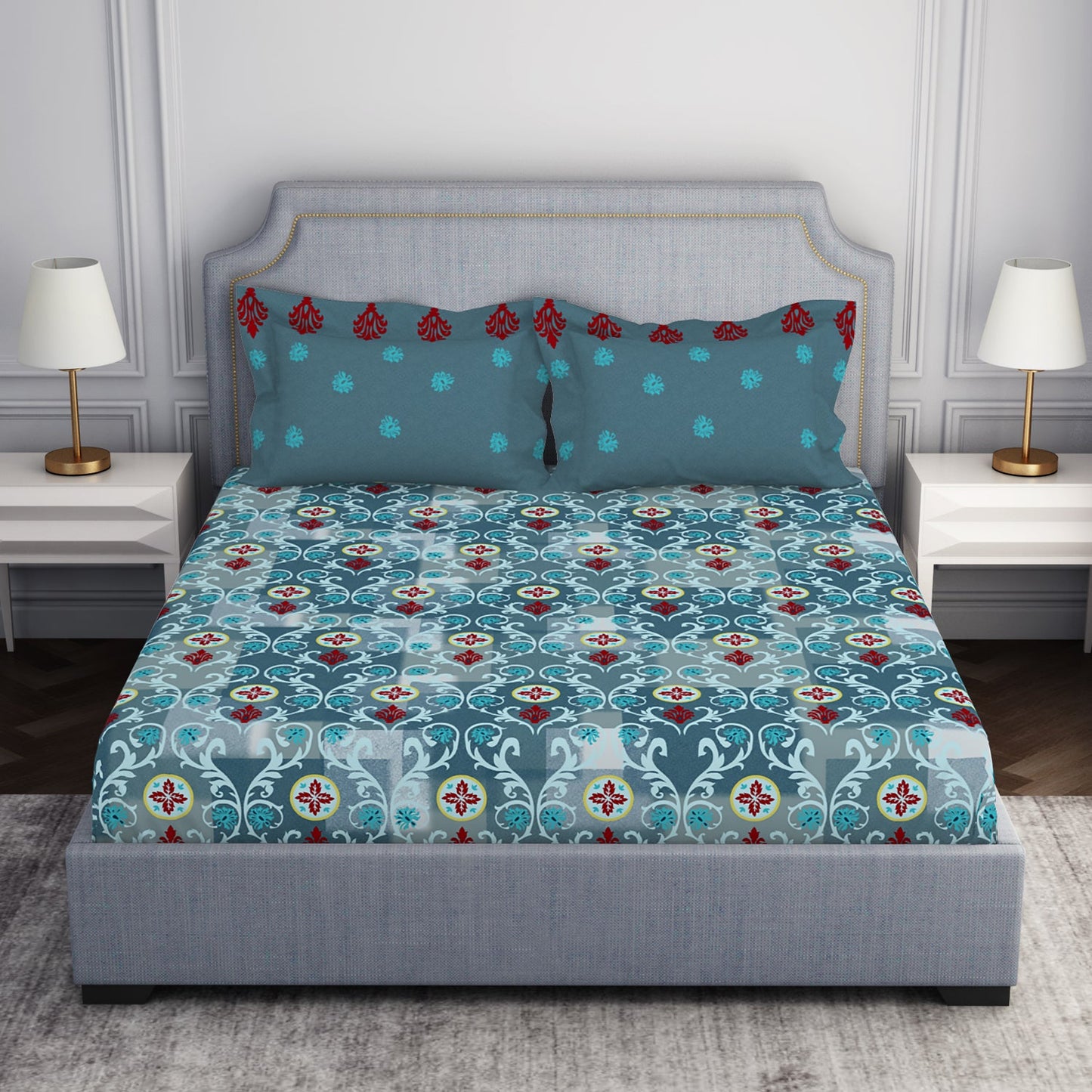 Spaces Ornate Blue 100% Cotton Double Bedsheet by Atrium