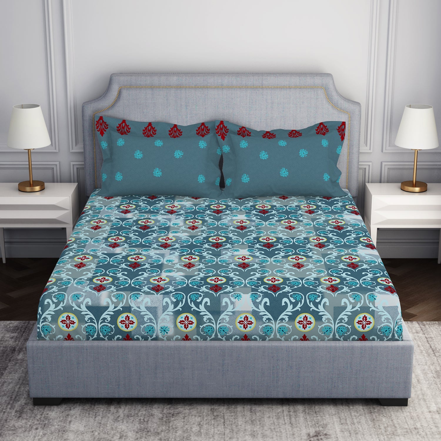 Spaces Ornate Blue 100% Cotton Double Bedsheet by Atrium