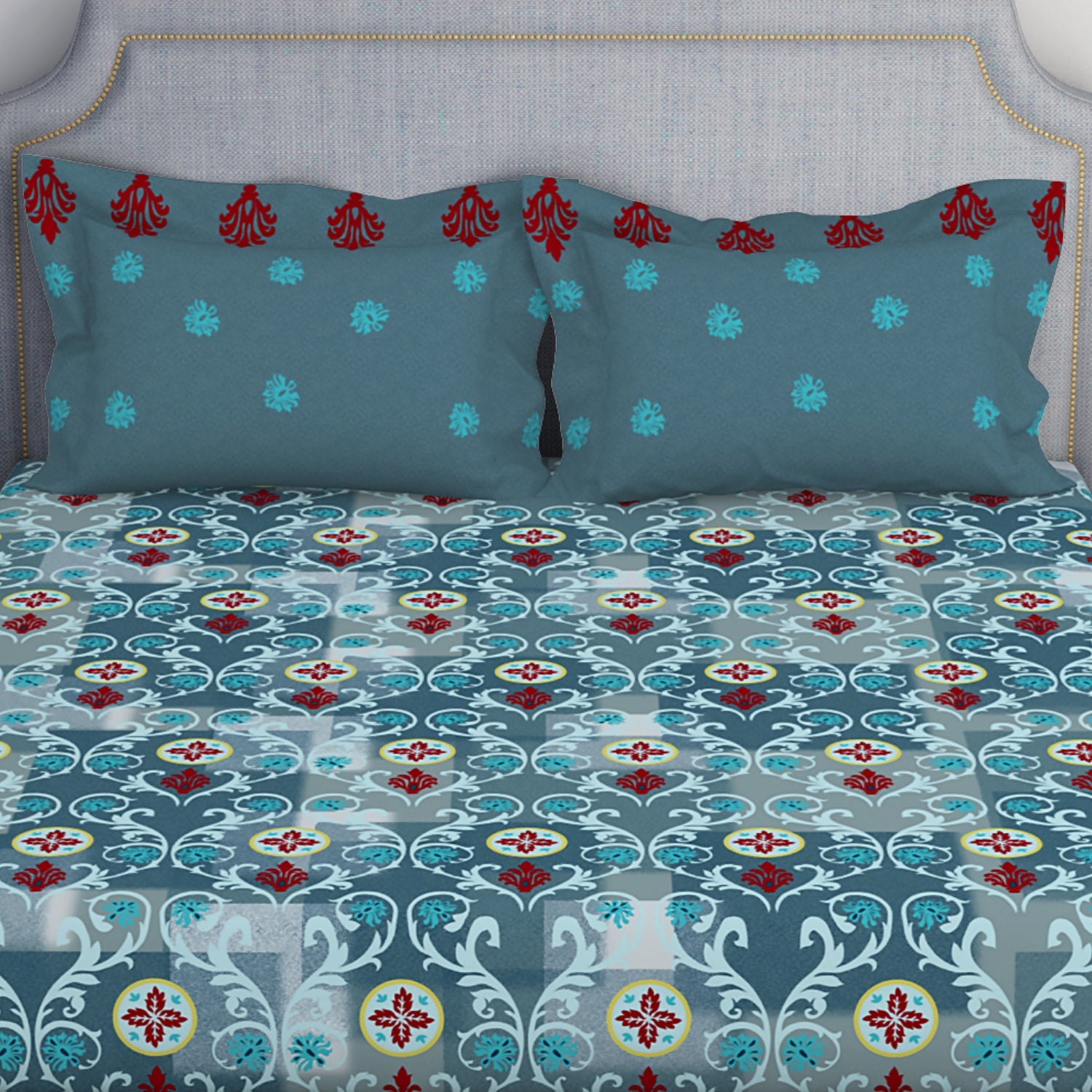 Spaces Ornate Blue 100% Cotton Double Bedsheet by Atrium