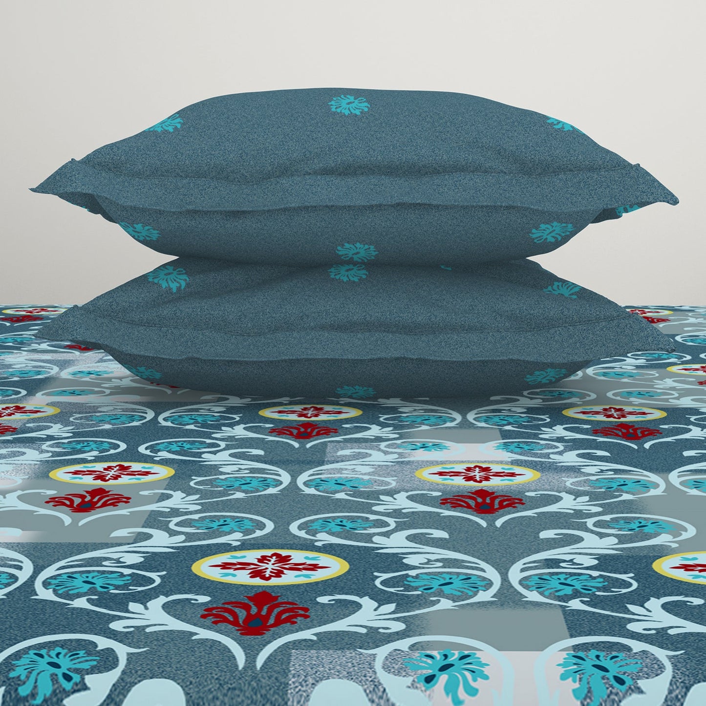 Spaces Ornate Blue 100% Cotton Double Bedsheet by Atrium