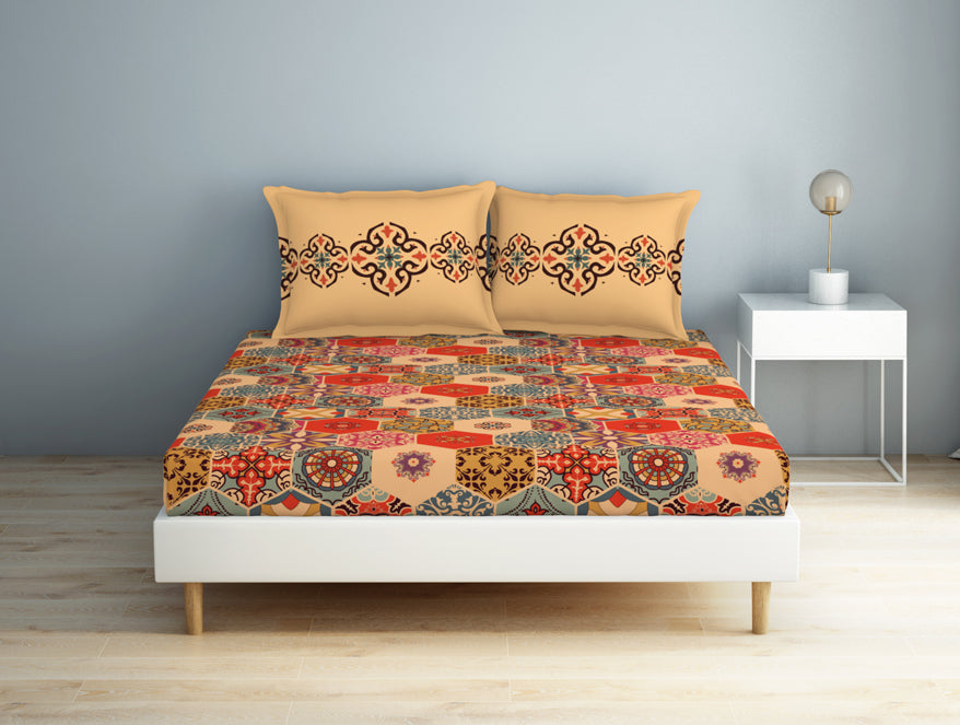 Spaces Geometric Creampuff - Light Orange 100% Cotton Double Bedsheet - Aurum
