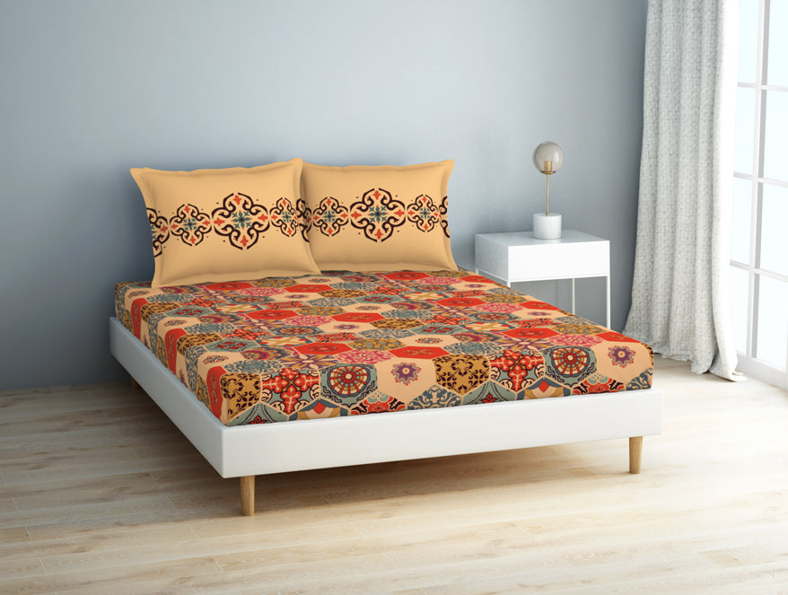 Spaces Geometric Creampuff - Light Orange 100% Cotton Double Bedsheet - Aurum