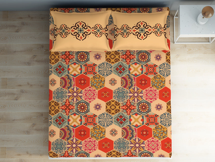 Spaces Geometric Creampuff - Light Orange 100% Cotton Double Bedsheet - Aurum