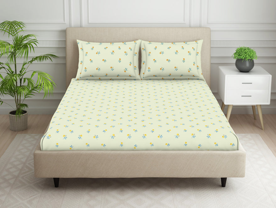 Spaces Essentials 100% Cotton Fitted Bedsheet - Ditsy Light Yellow